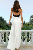 Halter Black and White Ruched Maxi Formal Dress
