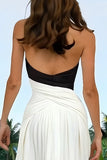 Halter Black and White Ruched Maxi Formal Dress