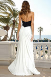 Black and White Ruched Halter Long Formal Dress
