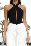 Black and White Ruched Halter Long Formal Dress
