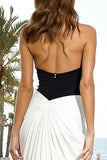 Black and White Ruched Halter Long Formal Dress