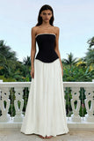 Strapless A-Line Black and White Maxi Formal Dress With Pearls