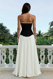 Strapless A-Line Black and White Maxi Formal Dress With Pearls
