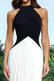 Black and White Halter Pleated Long Formal Dress