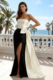 Strapless Black and White Mermaid Bowed Maxi Formal Dress With Slit