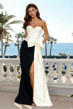Mermaid Sweetheart Black and White Satin Maxi Formal Dress With Slit