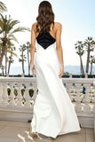 Halter Black and White Sheath Satin Long Formal Dress