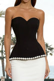 Black and White Sweetheart Sheath Maxi Formal Dress With Pearls