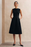 Simple Black A Line Round Neck Midi Work Dress