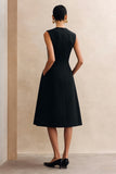 Simple Black A Line Round Neck Midi Work Dress