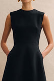Simple Black A Line Round Neck Midi Work Dress