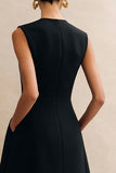 Simple Black A Line Round Neck Midi Work Dress