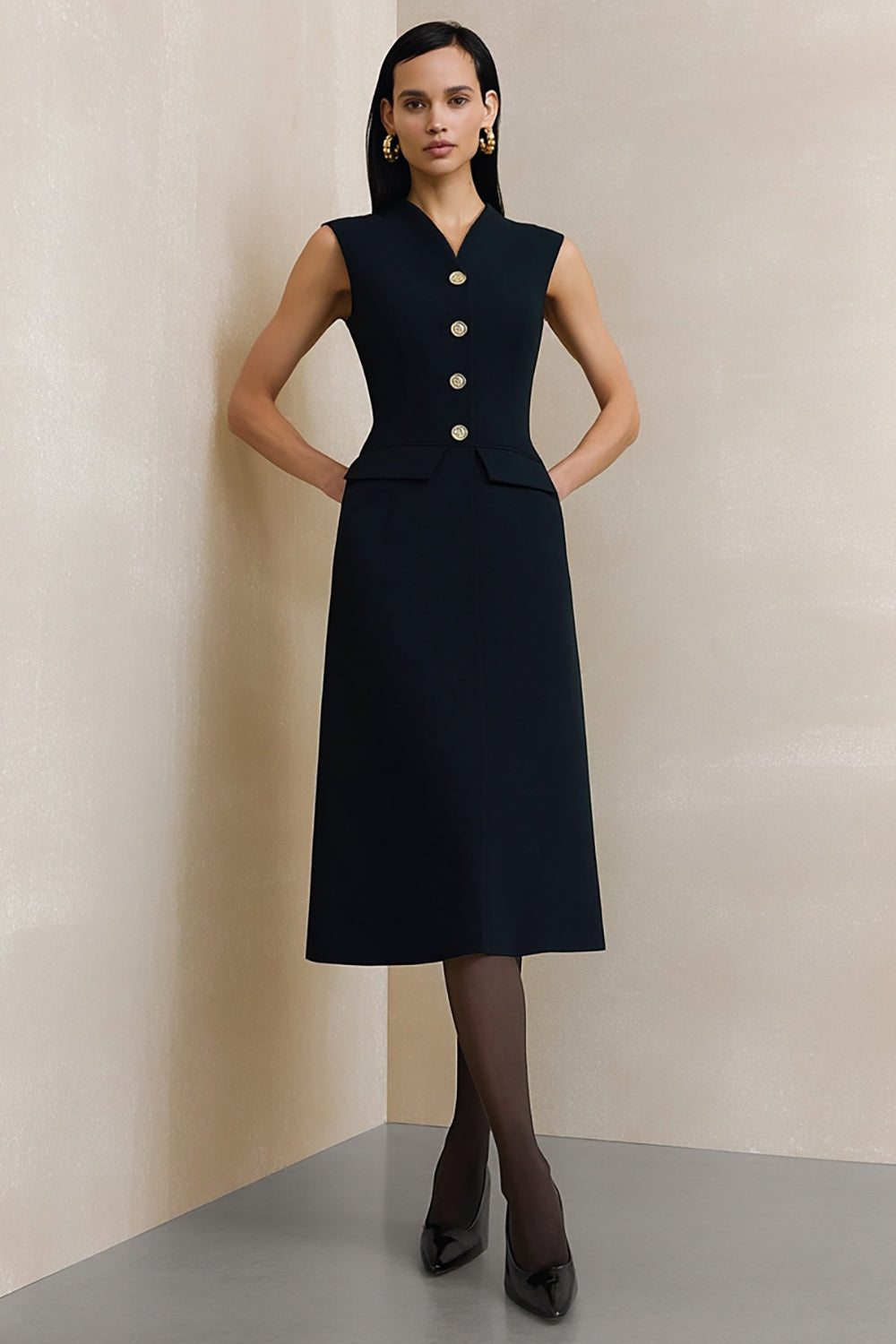 Berylove Women Black Work Dress Simple A Line Single Breasted Midi Formal Dress, Black / US10 Berylove Women Black Work Dress Simple A Line Single Breasted Midi Formal Dress, Black / US10