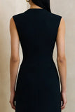 Simple Black A Line Single Breasted Midi Work Dress