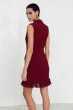 Burgundy Notched Lapel Short Work Dress with Ruffles