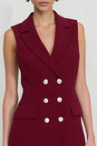 Burgundy Notched Lapel Short Work Dress with Ruffles