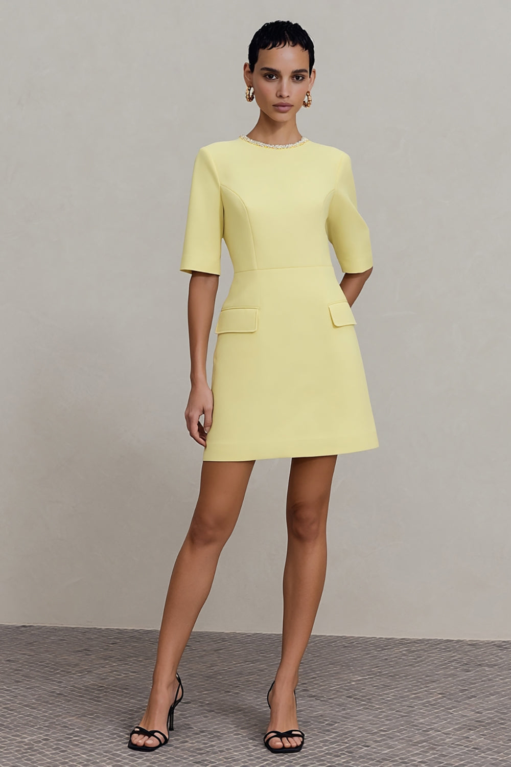 Berylove Women Light Yellow A Line Work Dress Round Neck Short Formal Dress, Light Yellow / custom Berylove Women Light Yellow A Line Work Dress Round Neck Short Formal Dress, Light Yellow / custom