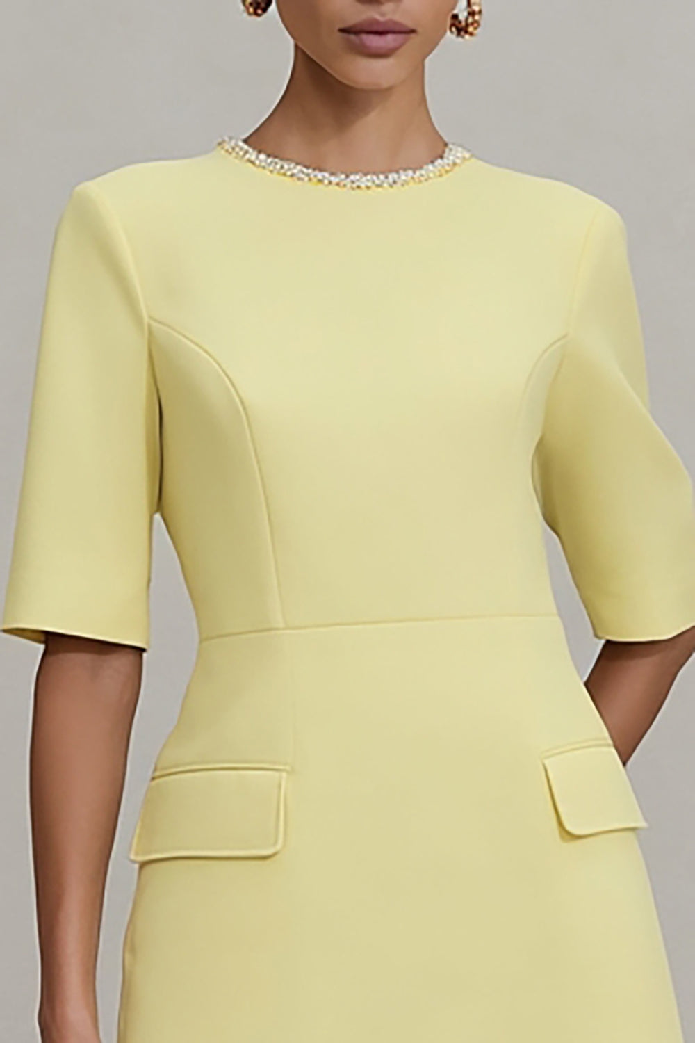 Berylove Women Light Yellow A Line Work Dress Round Neck Short Formal Dress Berylove Women Light Yellow A Line Work Dress Round Neck Short Formal Dress