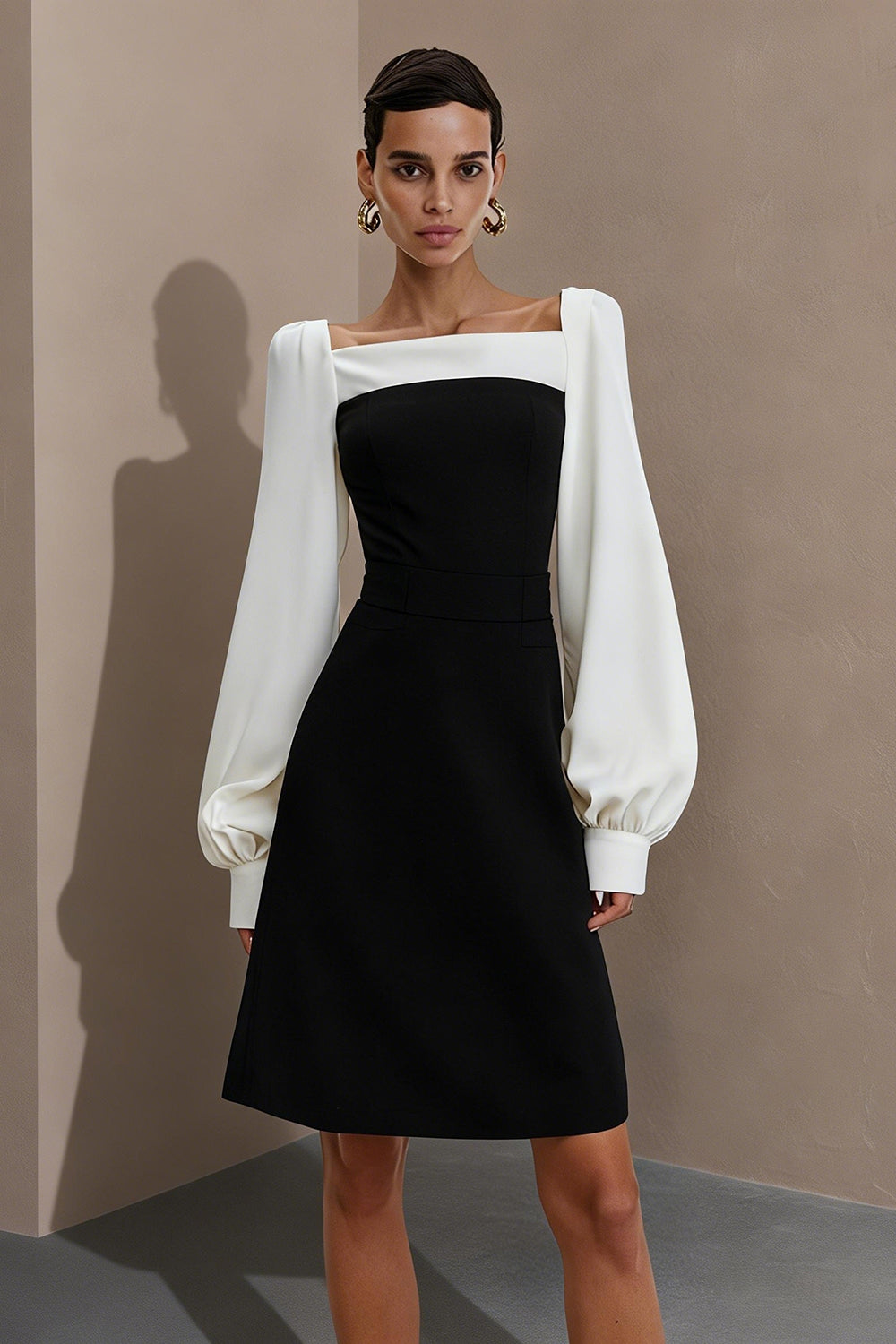 Berylove Women Black and White Work Dress Long Sleeve A Line Square Neck Short Formal Dress, Black and White / US4 Berylove Women Black and White Work Dress Long Sleeve A Line Square Neck Short Formal Dress, Black and White / US4