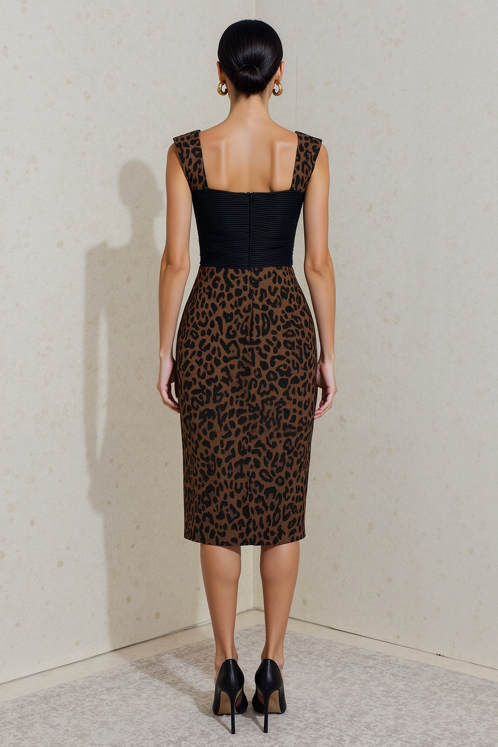 Berylove Women Black and Brown Leopard Work Dress Bodycon Midi Formal Dress, Black and Brown Leopard / US2 Berylove Women Black and Brown Leopard Work Dress Bodycon Midi Formal Dress, Black and Brown Leopard / US2