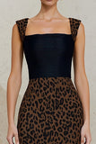 Black and Brown Leopard Bodycon Midi Work Dress