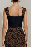 Black and Brown Leopard Bodycon Midi Work Dress