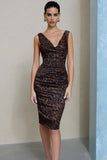 Brown Leopard Bodycon V Neck Work Dress