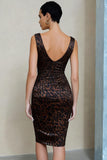 Brown Leopard Bodycon V Neck Work Dress