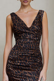 Brown Leopard Bodycon V Neck Work Dress