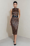 High Neck Brown Leopard Bodycon Work Dress with Belt
