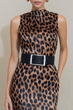 High Neck Brown Leopard Bodycon Work Dress with Belt