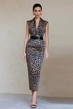 Brown Leopard Bodycon V Neck Work Dress with Belt