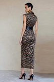 Brown Leopard Bodycon V Neck Work Dress with Belt