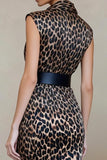 Brown Leopard Bodycon V Neck Work Dress with Belt
