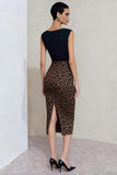 Simple Black and Brown Leopard Bodycon Midi Work Dress