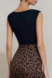 Simple Black and Brown Leopard Bodycon Midi Work Dress