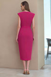Elegant Fuchsia Ruched Bodycon Midi Work Dress