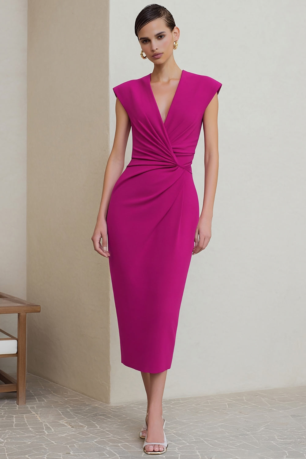 Berylove Women Bodycon Midi Work Dress Simple Fuchsia Ruched Cap Sleeve Formal Dress, Fuchsia / US12 Berylove Women Bodycon Midi Work Dress Simple Fuchsia Ruched Cap Sleeve Formal Dress, Fuchsia / US12