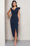 Asymmetrical Neck Ruched Navy Midi Work Dress
