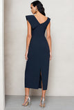 Asymmetrical Neck Ruched Navy Midi Work Dress