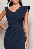 Asymmetrical Neck Ruched Navy Midi Work Dress
