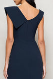 Asymmetrical Neck Ruched Navy Midi Work Dress