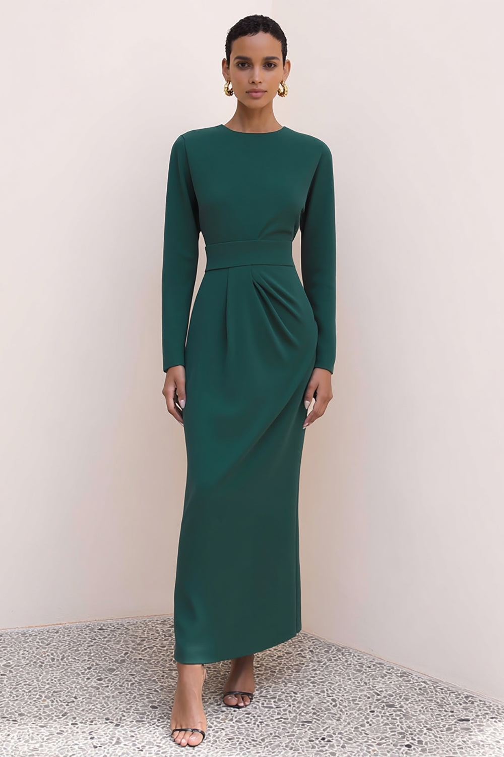 Berylove Women Dark Green Work Dress Long Sleeve Round Neck Formal Dress with Slit, Dark Green / US4 Berylove Women Dark Green Work Dress Long Sleeve Round Neck Formal Dress with Slit, Dark Green / US4