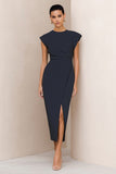 Navy Cap Sleeve Midi Work Dress