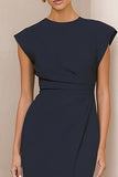 Navy Cap Sleeve Midi Work Dress