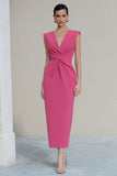 Elegant Hot Pink V Neck Ruched Bodycon Work Dress