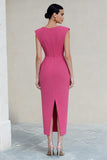 Elegant Hot Pink V Neck Ruched Bodycon Work Dress