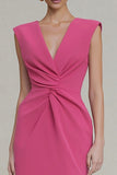 Elegant Hot Pink V Neck Ruched Bodycon Work Dress
