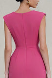 Elegant Hot Pink V Neck Ruched Bodycon Work Dress