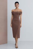 Off the Shoulder Brown Work Dress with Slit